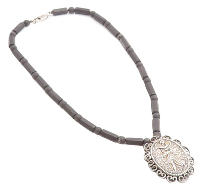 925 Sterling Silver Vintage Embossed Woman Black Beaded Chain Necklace NE1342