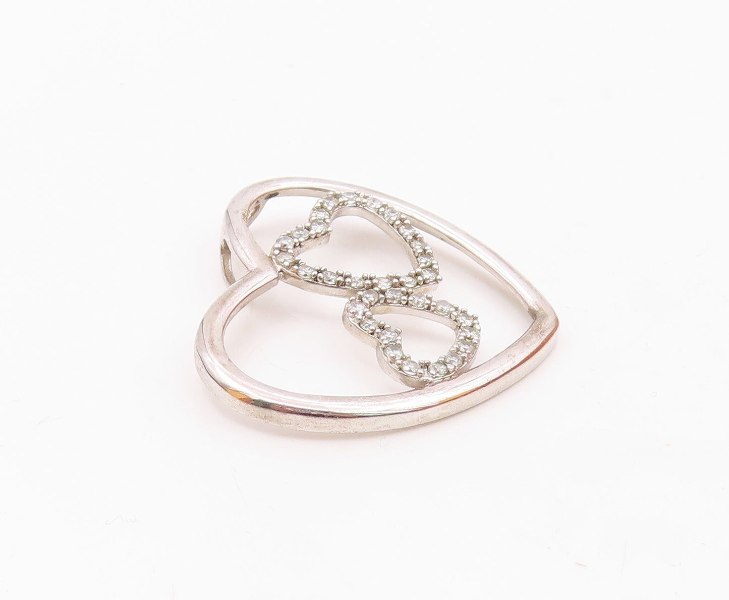 925 Sterling Silver  Vintage Triple Love Heart Cubic Zirconia Pendant  PT21034
