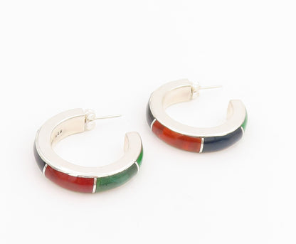 925 Sterling Silver Vintage Earrings MEXICO Multi Gemstone Inlay Hoops  EG13956