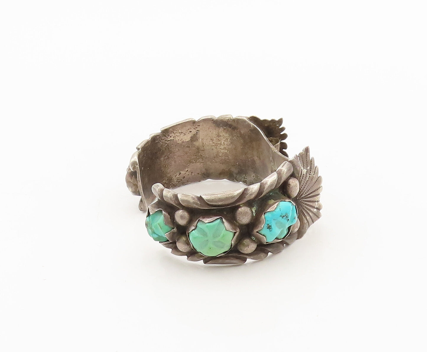 NAVAJO ZUNI 925  Silver  Vintage Antique Turquoise Carved Watch Cuff  TR3674