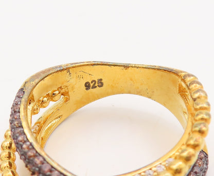 925 Sterling Silver Vintage Ring Gold Plated CZ Inlay Cutout Bands Sz 7  RG29876