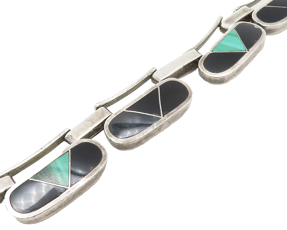MEXICO 925  Silver  Vintage Malachite & Black Onyx Chain Bracelet  BT6875