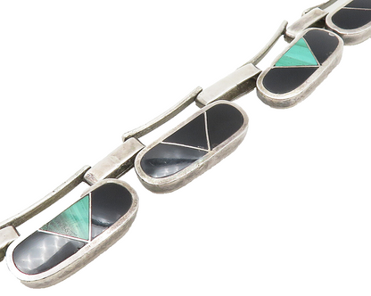 MEXICO 925  Silver  Vintage Malachite & Black Onyx Chain Bracelet  BT6875