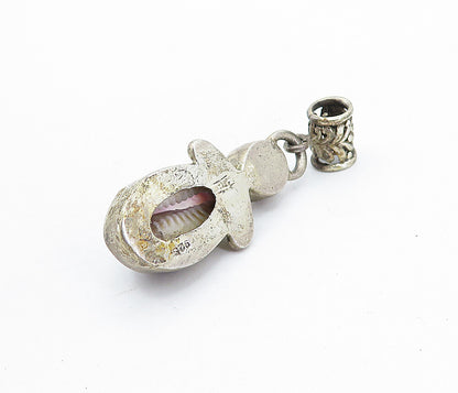 925 Sterling Silver  Vintage Pearl & Agate Swirl Detail Drop Pendant  PT3512