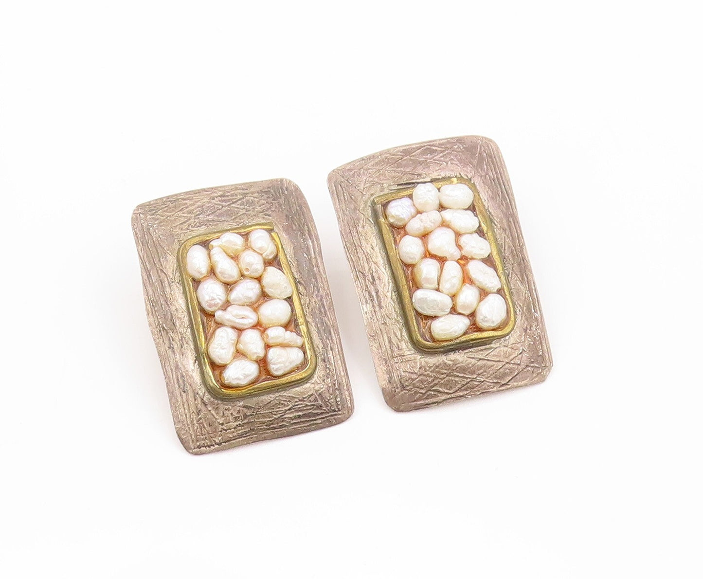 925 Sterling Silver Vintage Earrings Designer Amorphas Rectangle Pearls  EG13408