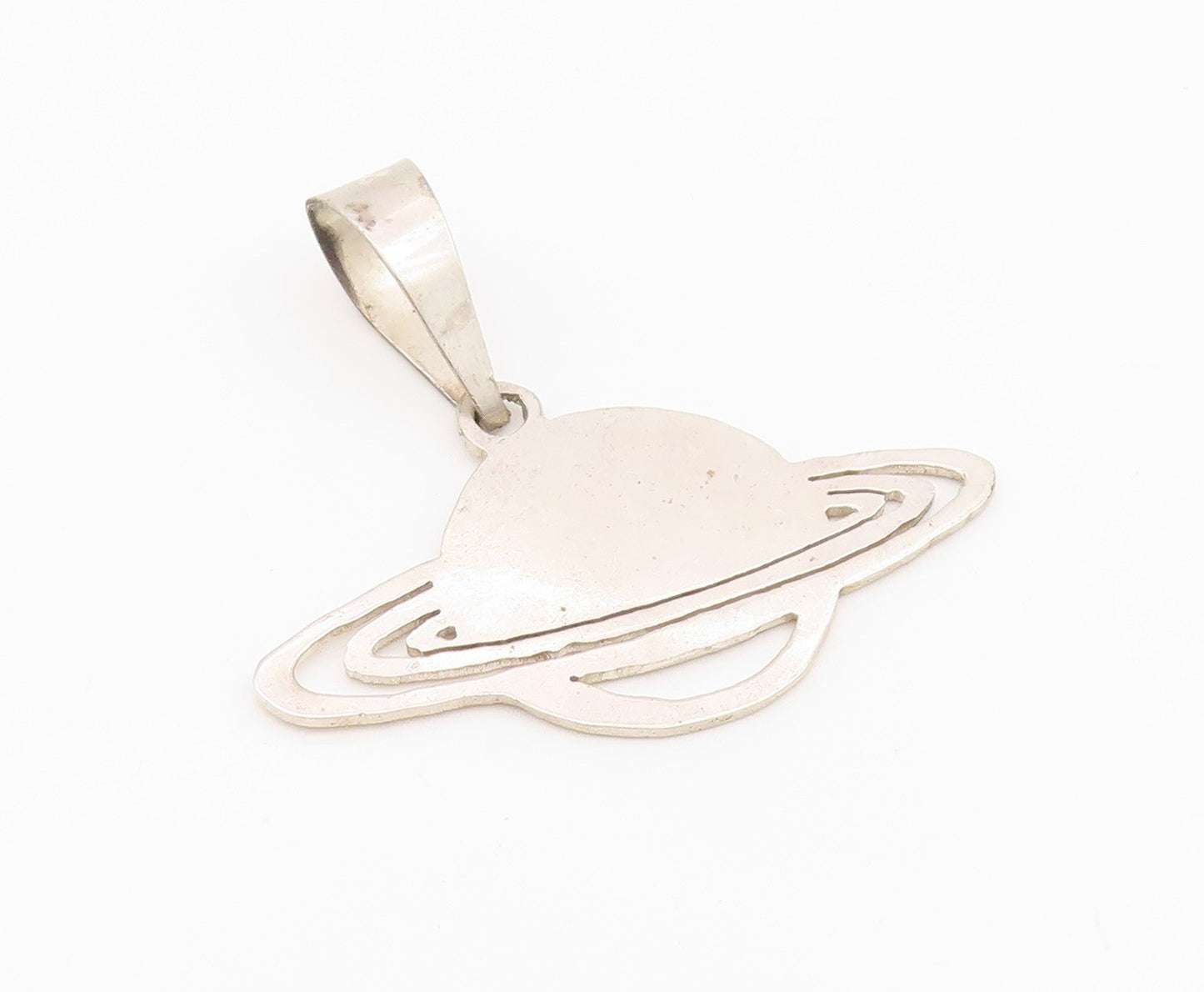 925 Sterling Silver Vintage Pendant Solid Cutout Planet Saturn With Ring PT24329