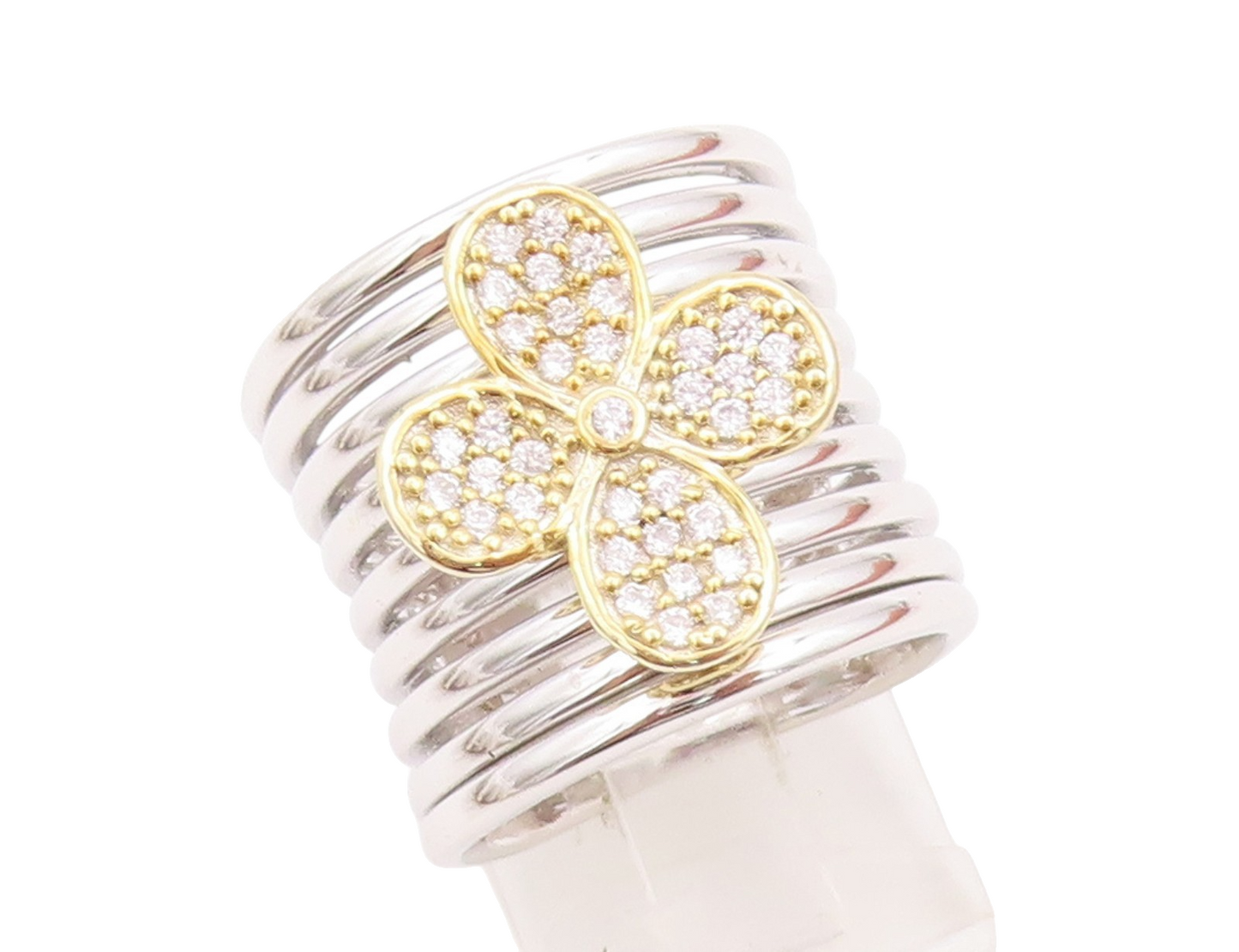 925 Sterling Silver Vintage Ring Stacked Bands Carved CZ Flower  Sz 7  RG32518