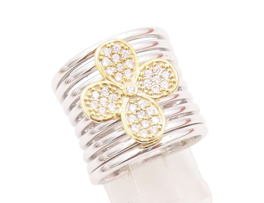 925 Sterling Silver Vintage Ring Stacked Bands Carved CZ Flower  Sz 7  RG32518