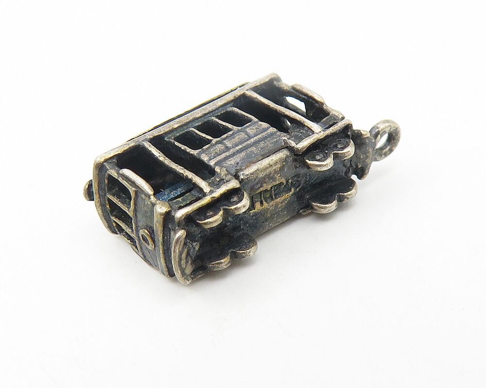 925 Sterling Silver  Vintage Petite Dark Tone Trolley Car Drop Pendant  PT9246