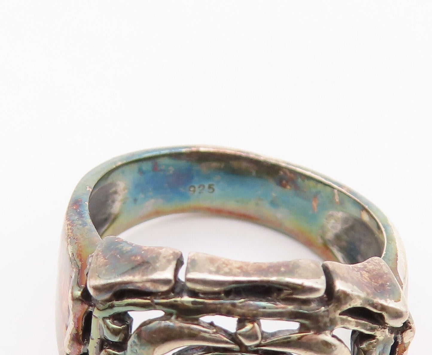 925 Sterling Silver Vintage Ring Brutalist Carved Oval Gemstone   Sz 8  RG30925