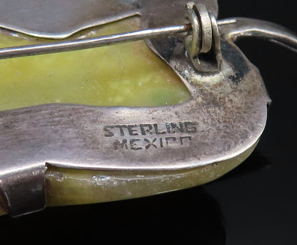 MEXICO 925 Sterling Silver Vintage Unique Yellow Jade Leaf Brooch Pin BP9891