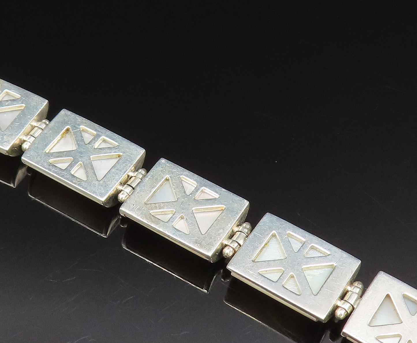 925 Sterling Silver  Vintage Rectangle Mother Of Pearl Tennis Bracelet  BT9516