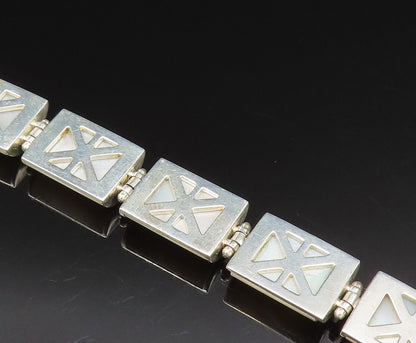 925 Sterling Silver  Vintage Rectangle Mother Of Pearl Tennis Bracelet  BT9516