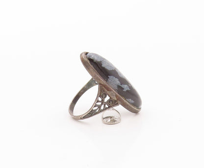 925 Sterling Silver Vintage Ring Dark Tone Cutout Band Gemstone Sz 5.5  RG32379
