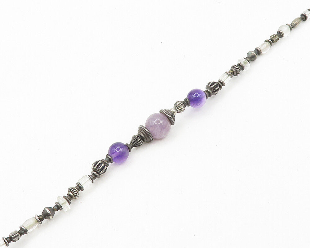 DESIGNER 925 Silver  Vintage Amethyst & Topaz Beaded Chain Necklace  NE2864
