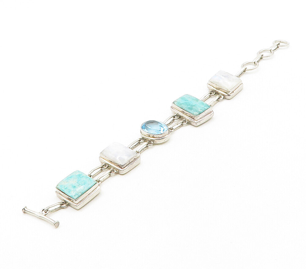 925 Sterling Silver  Shiny Turquoise Topaz & Moonstone Chain Bracelet  BT6487