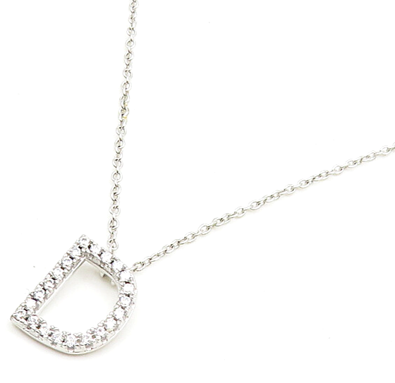 925 Sterling Silver  Shiny Cubic Zirconia D Initial Chain Necklace  NE3137