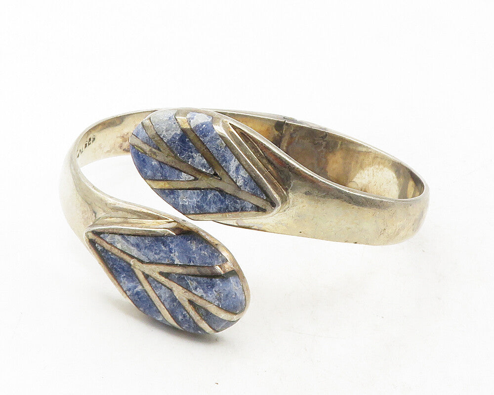 MEXICO 925 Silver  Vintage Inlaid Sodalite Smooth Bypass Cuff Bracelet  BT4179