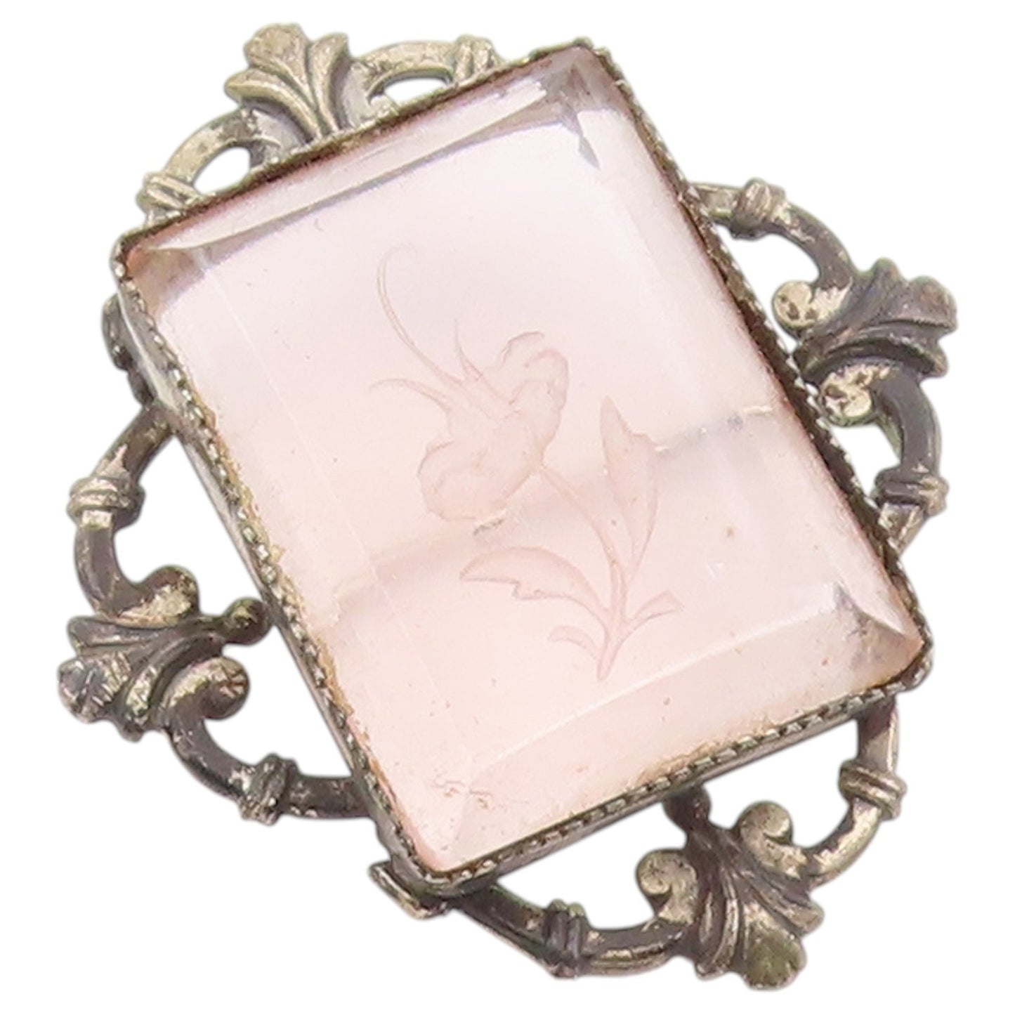 925 Sterling Silver Vintage Brooch Pin Rose Quartz Carved Floral Frame  BP12632