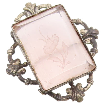 925 Sterling Silver Vintage Brooch Pin Rose Quartz Carved Floral Frame  BP12632