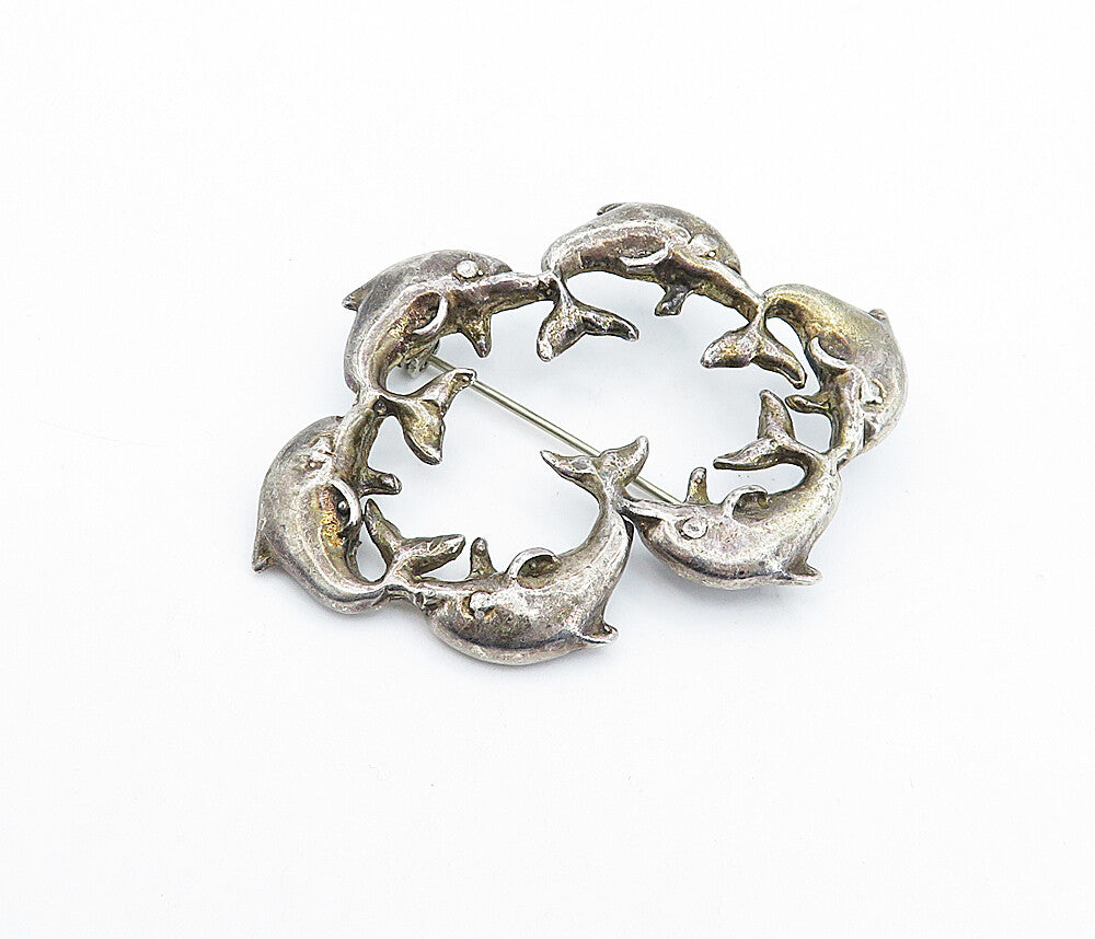 MEXICO 925 Sterling Silver  Vintage Dark Tone Dolphins Brooch Pin  BP1179