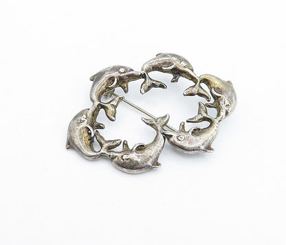MEXICO 925 Sterling Silver  Vintage Dark Tone Dolphins Brooch Pin  BP1179