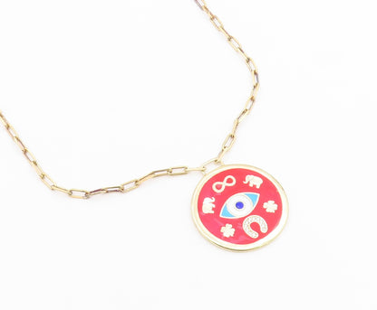 925 Sterling Silver Vintage Necklace Gold Plated CZ Good Luck Medallion  NE4928