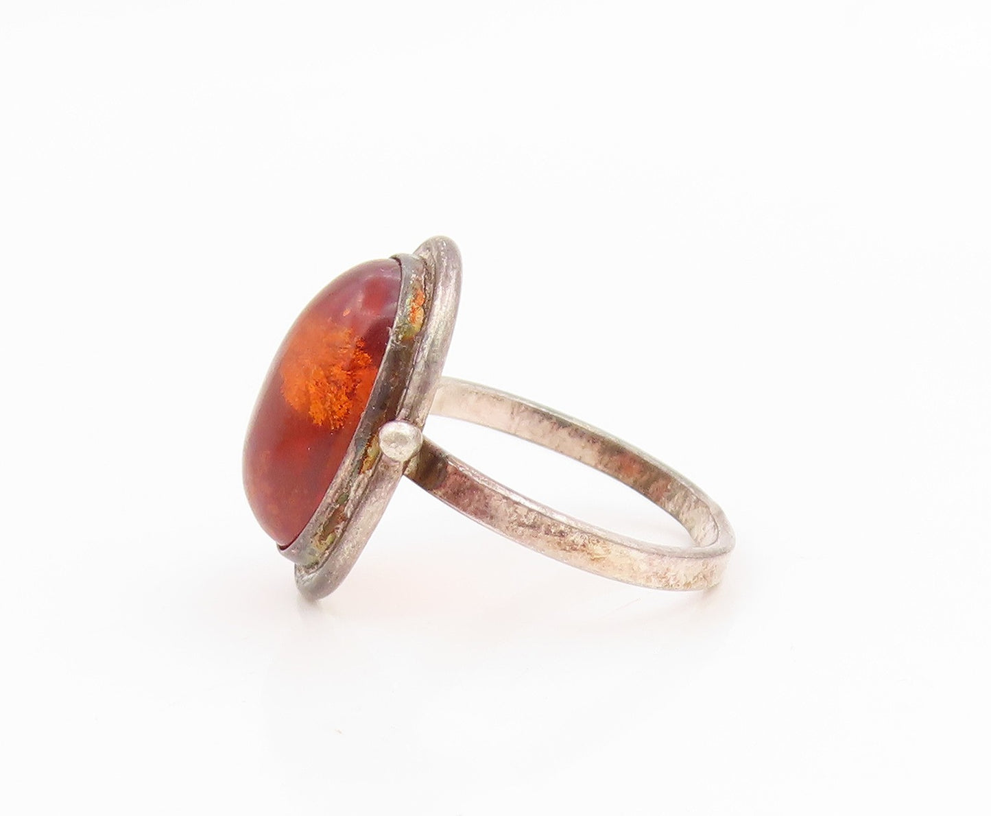925 Sterling Silver Vintage Ring POLAND Cabochon Amber Band  Sz 5  RG35426