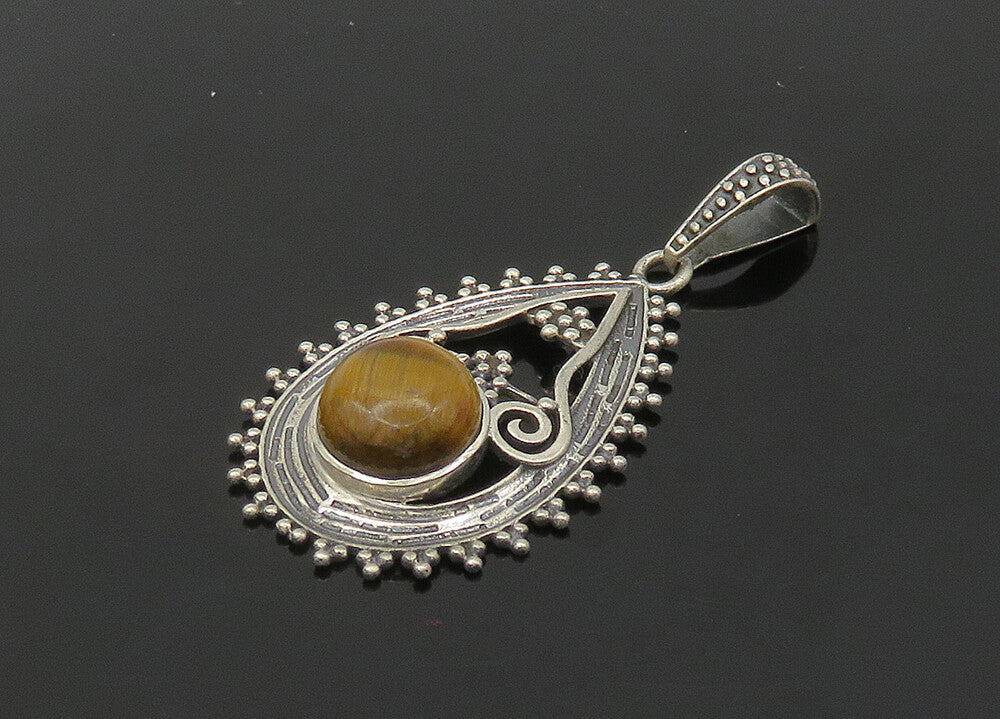 925 Sterling Silver  Vintage Cabochon Cut Tiger's Eye Swirl Pendant  PT17168