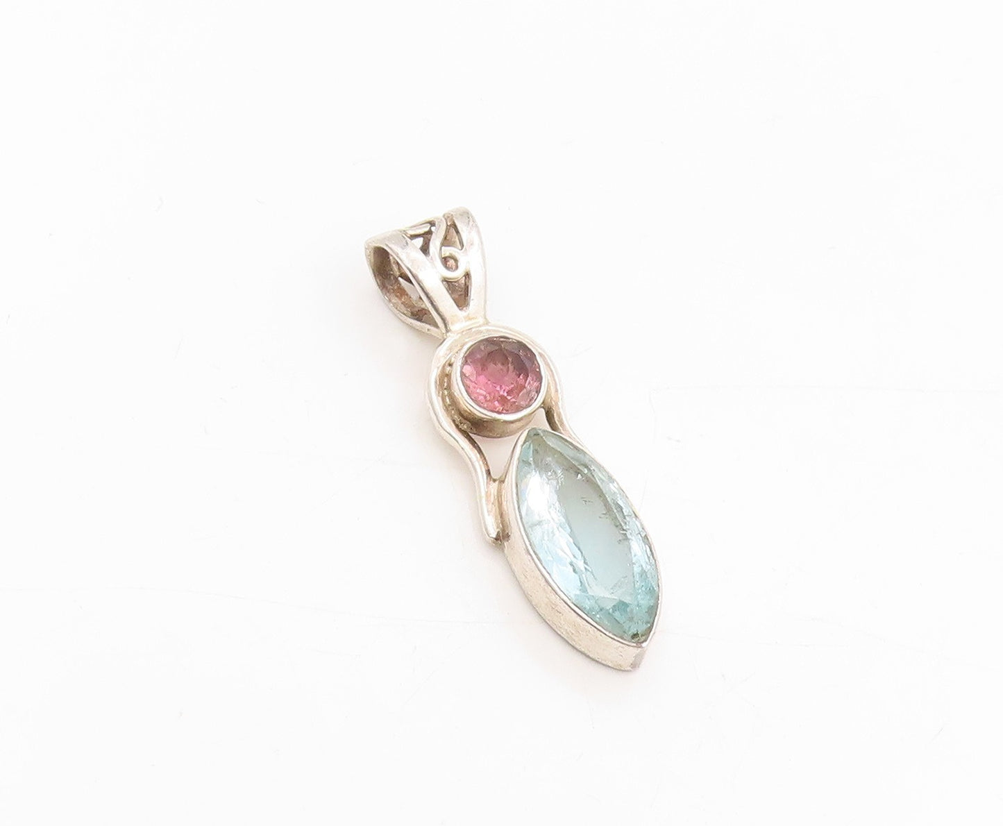 925 Sterling Silver Vintage Pendant Marquise Cut Blue Topaz Drop Charm  PT25441
