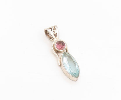 925 Sterling Silver Vintage Pendant Marquise Cut Blue Topaz Drop Charm  PT25441