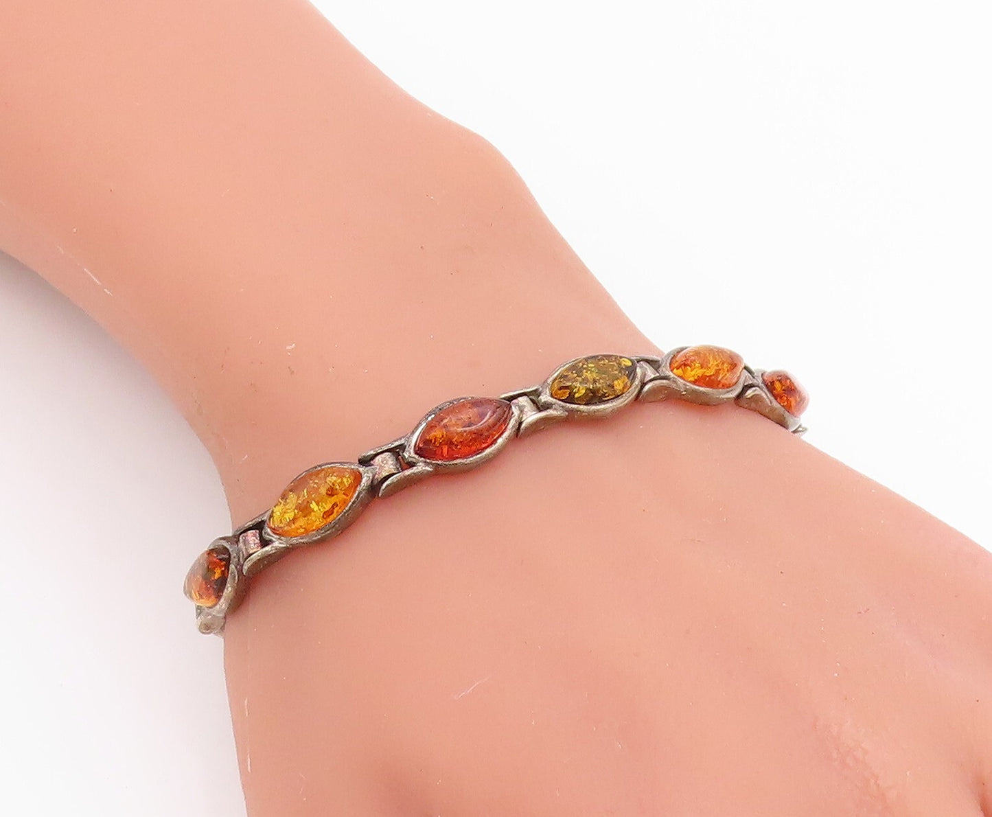 925 Sterling Silver Vintage Bracelet Dark Tone Cabochon Honey Amber  BT11012