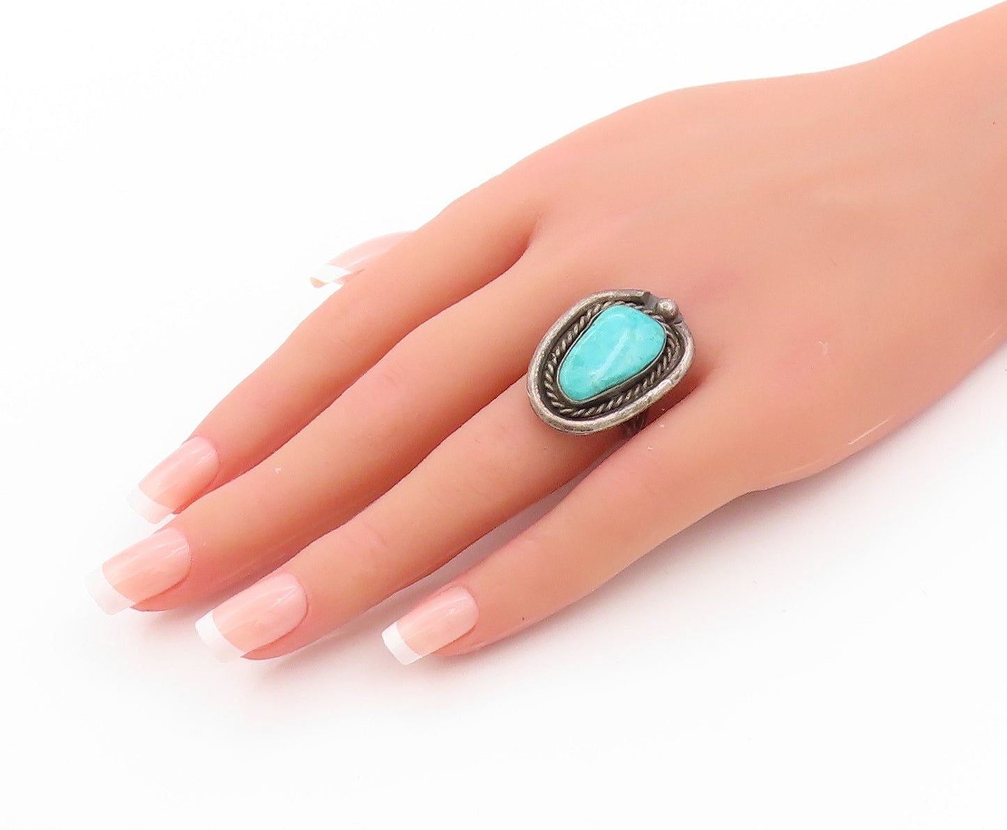 925 Sterling Silver Vintage Ring NAVAJO Blue Turquoise Halo Roped  Sz 7  RG32540