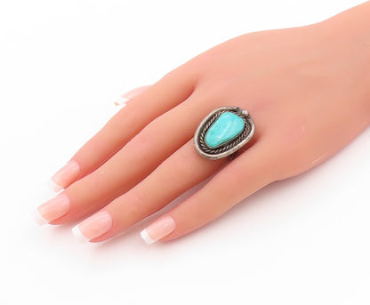 925 Sterling Silver Vintage Ring NAVAJO Blue Turquoise Halo Roped  Sz 7  RG32540