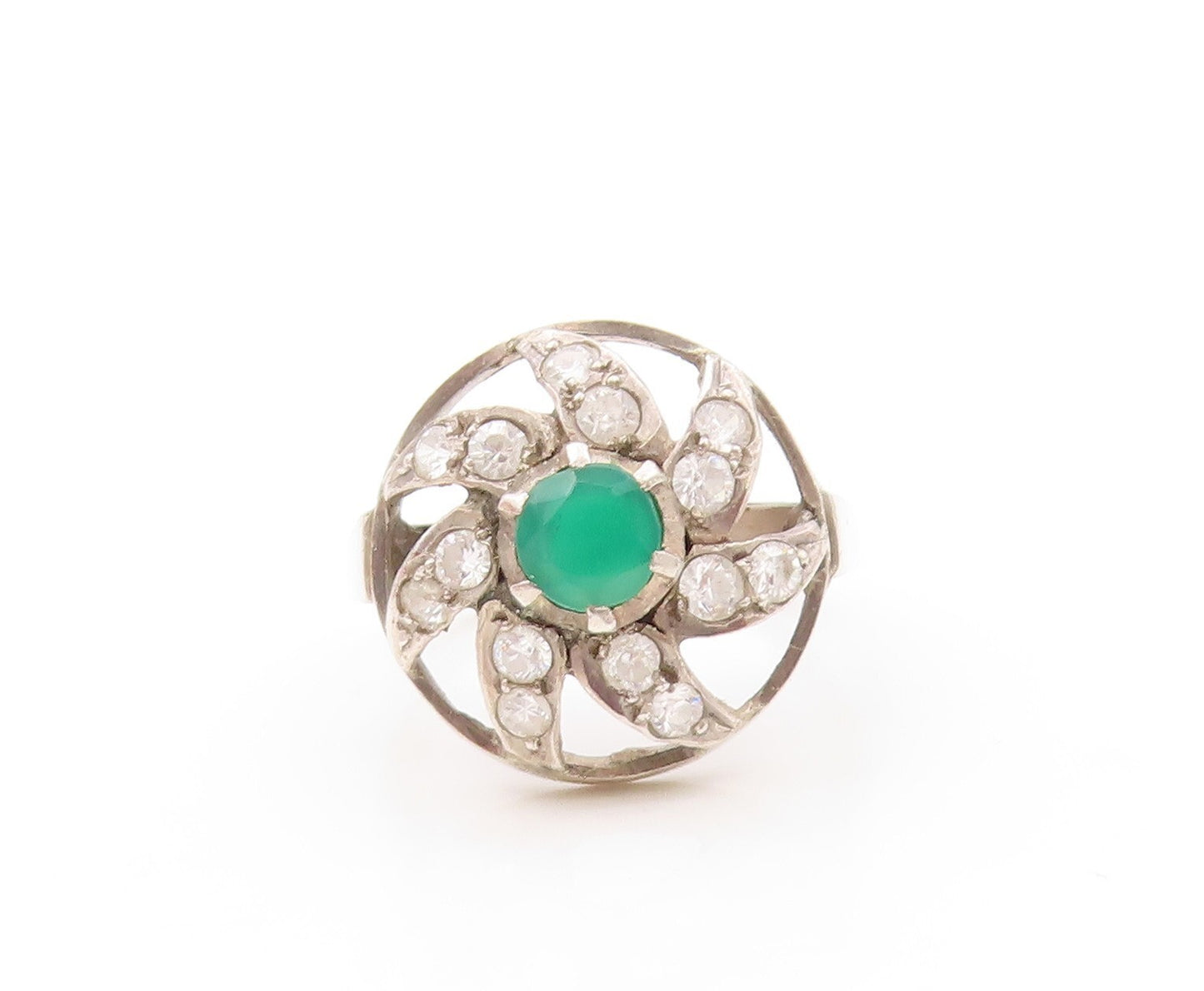 925 Sterling Silver Vintage Ring Cutout Jade & Topaz Flower  SZ 9  RG32087