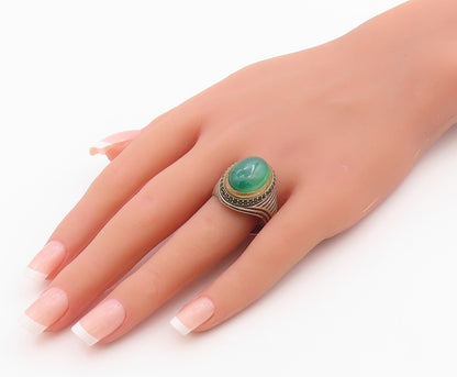 925 Sterling Silver Vintage Ring Cabochon Green Onyx & Spinel  Sz 12  RG36290