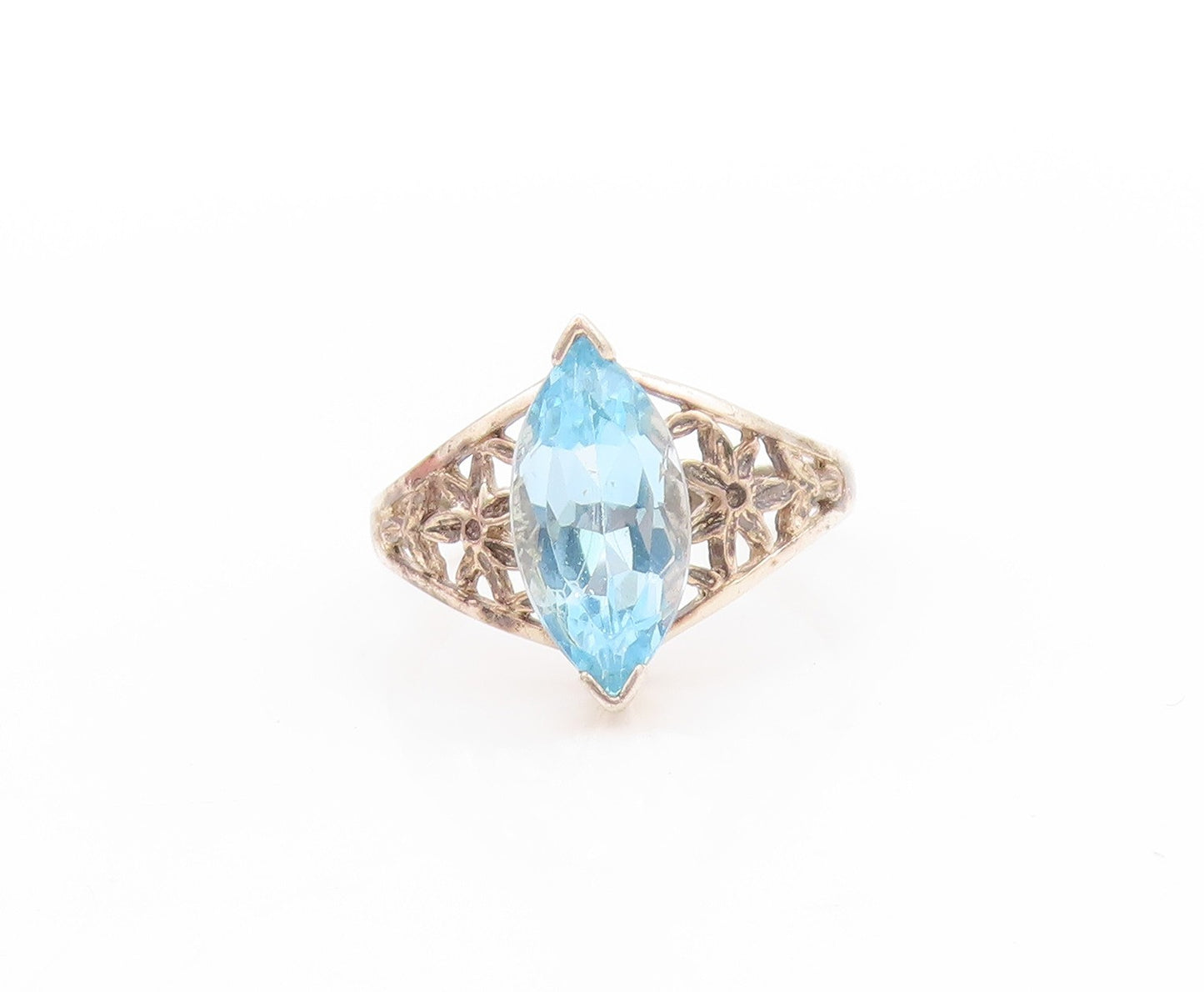 925 Sterling Silver Vintage Ring Marquise Topaz Flowers Cutout  Sz 10  RG32754