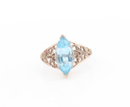 925 Sterling Silver Vintage Ring Marquise Topaz Flowers Cutout  Sz 10  RG32754