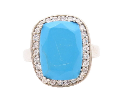 925 Sterling Silver Vintage Ring Rectangle Cut Turquoise Halo CZ  Sz 7  RG30297