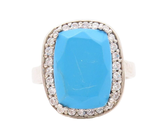 925 Sterling Silver Vintage Ring Rectangle Cut Turquoise Halo CZ  Sz 7  RG30297