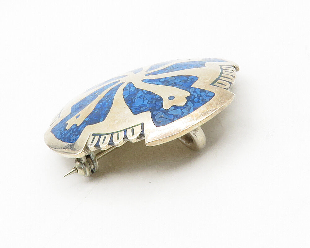 MEXICO 925 Sterling Silver  Vintage Crushed Turquoise Shiny Brooch Pin  BP5341