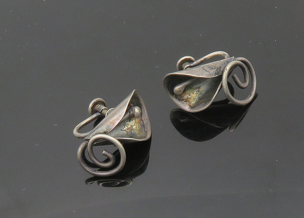 925 Sterling Silver  Vintage Dark Tone Flower Non Pierce Earrings  EG10354