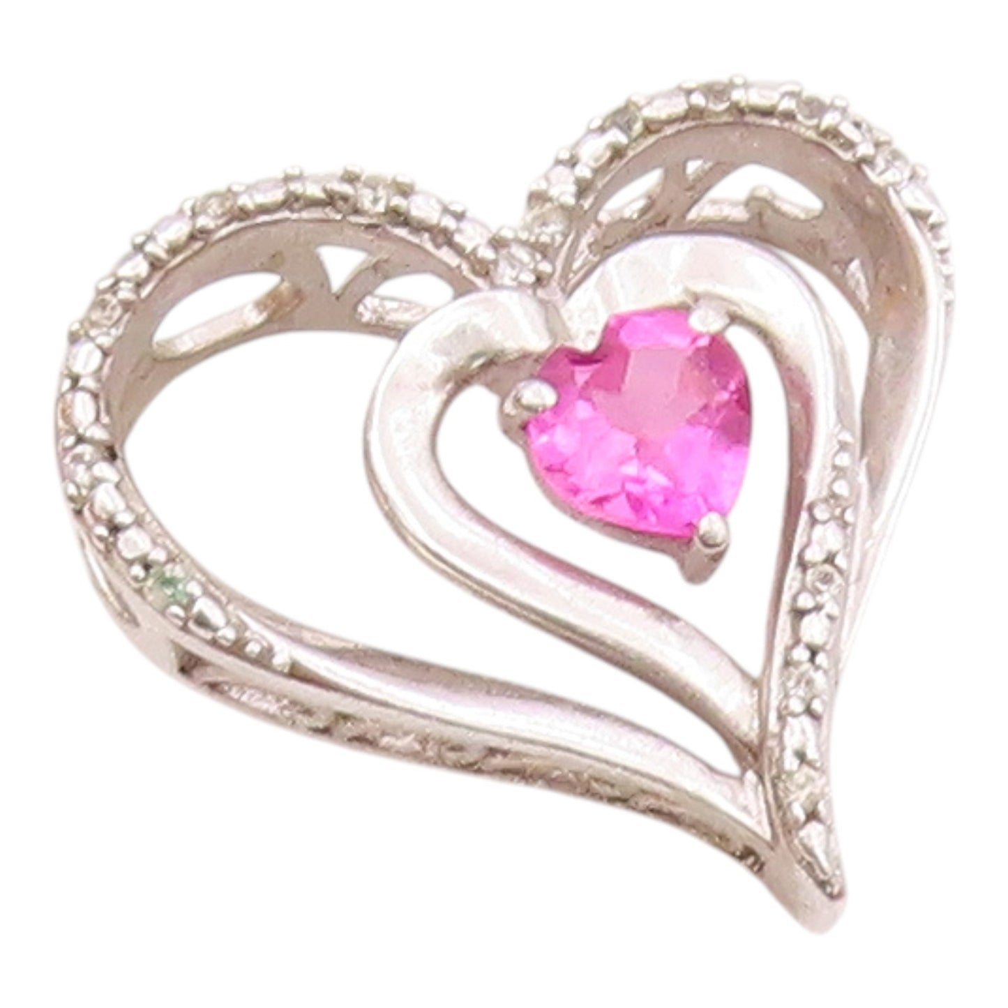 925 Silver  Vintage Double Love Heart Ruby & Genuine Diamonds Pendant  PT20487