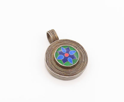 925 Sterling Silver Vintage Pendant Enamel Floral Design Medallion  PT25959