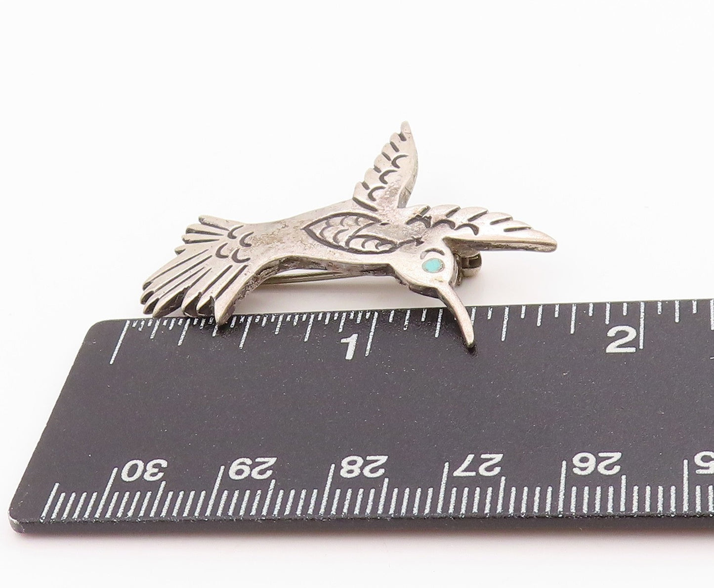 925 Sterling Silver Vintage Brooch Etched Larimar Eyed Humming Bird  BP11725