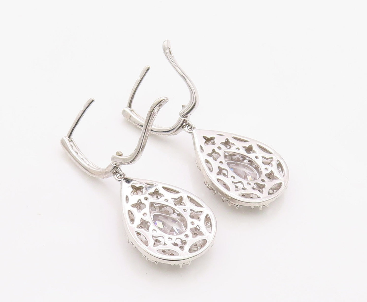 925 Sterling Silver Vintage Earrings Dazzling CZ Halo Teardrop Cluster  EG14376