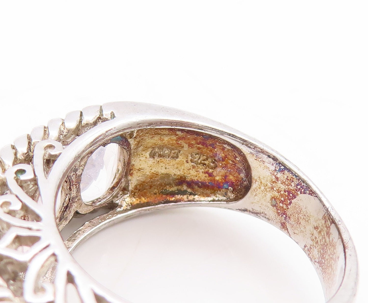 925 Sterling Silver Vintage Ring Oval Cut Topaz Swirly Carved  Sz 7  RG29849