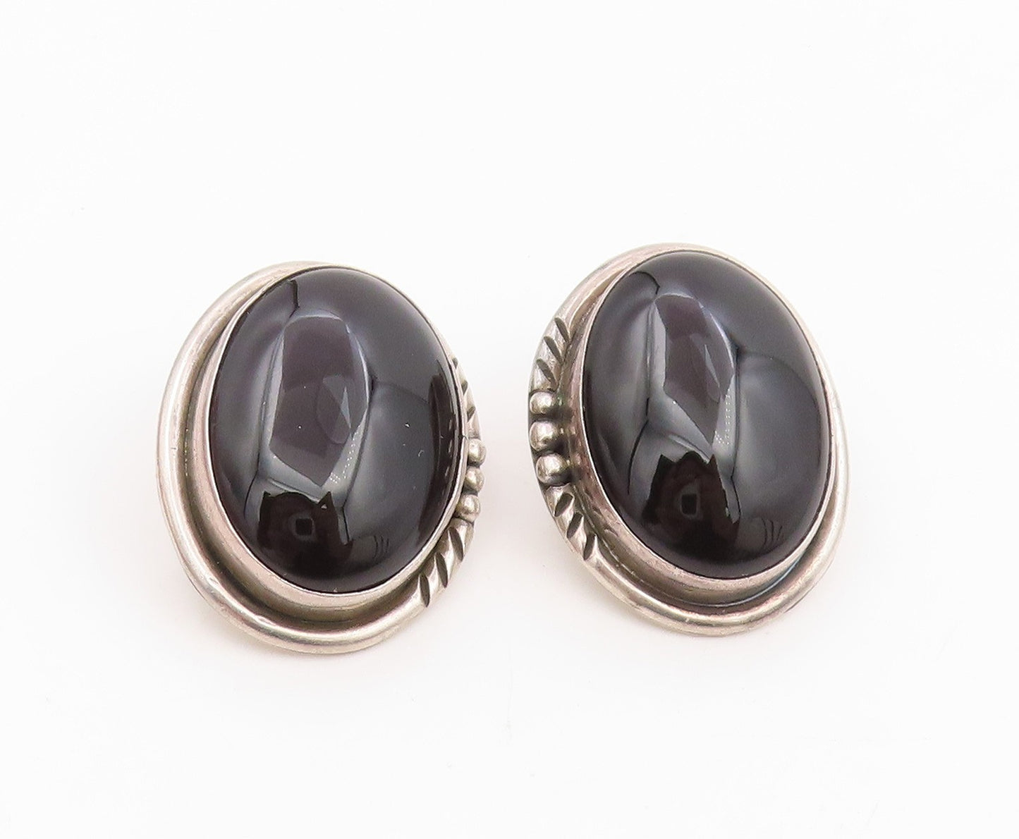 925 Sterling Silver Vintage Earrings JEFFERSON Cabochon Onyx Studs  EG14106