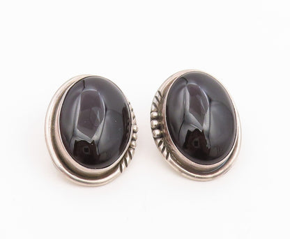 925 Sterling Silver Vintage Earrings JEFFERSON Cabochon Onyx Studs  EG14106