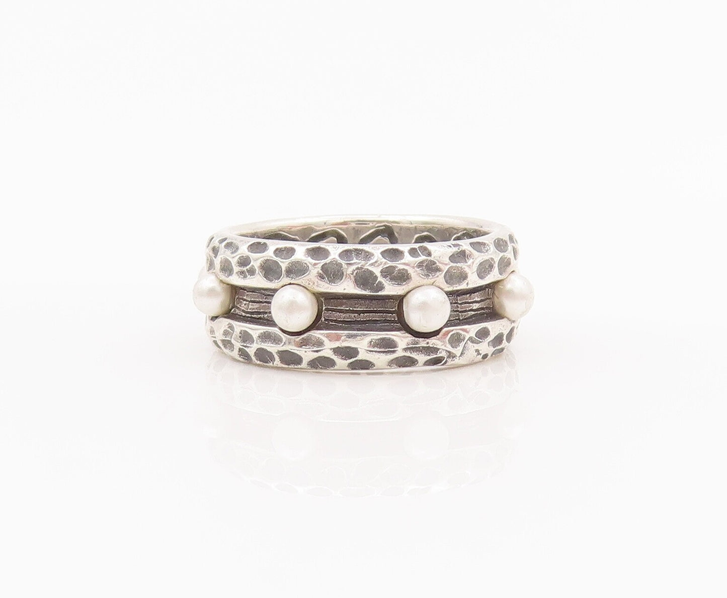 925 Sterling Silver Vintage Ring Solid Dented Borders & Beaded  Sz 7  RG28114